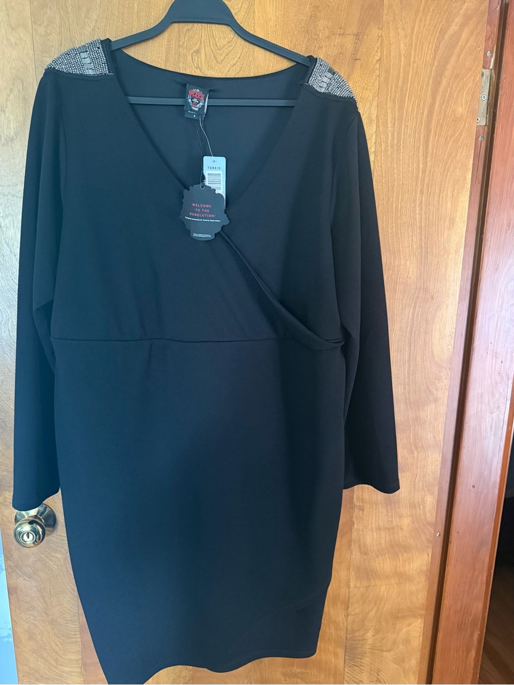 Torrid Black Long Sleeve V-Neck Dress with Beaded Shoulders